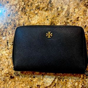 Tory Burch wallet, black with gold emblem.